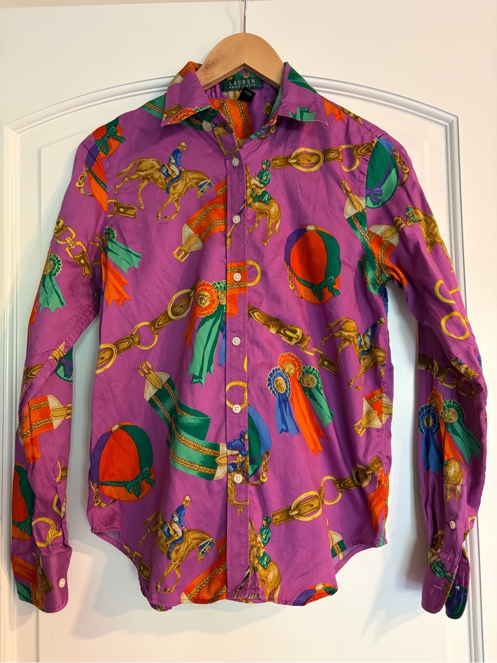 Lauren Ralph Lauren Vintage Purple Equestrian Print Preppy Button-Down Shirt XS